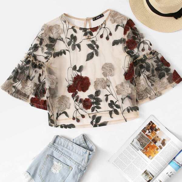 

Floral Embroidered Sheer Mesh Top Without Bra