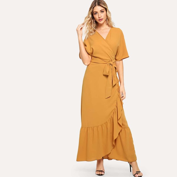 Self Belted Ruffle Hem Surplice Wrap Dress