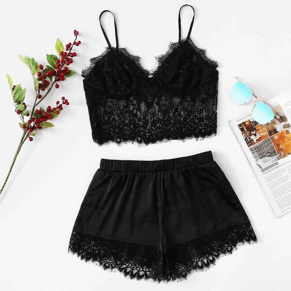 

Sheer Eyelash Lace Cami Top and Satin Shorts PJ Set, Black