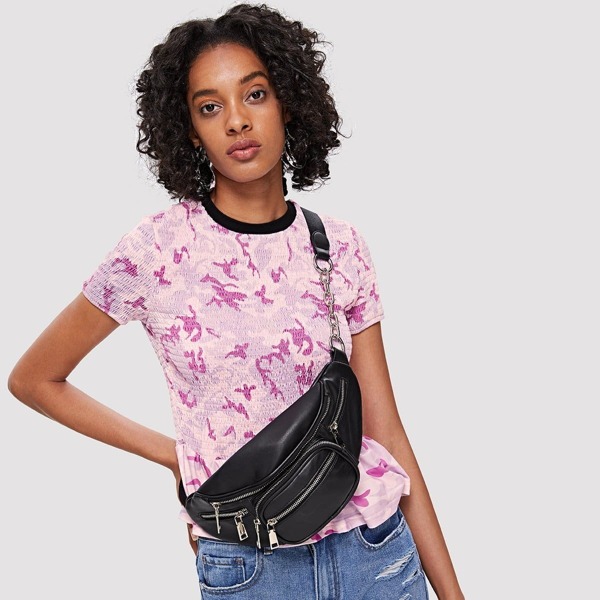 

Shirred Panel Ruffle Hem Tee, Multicolor