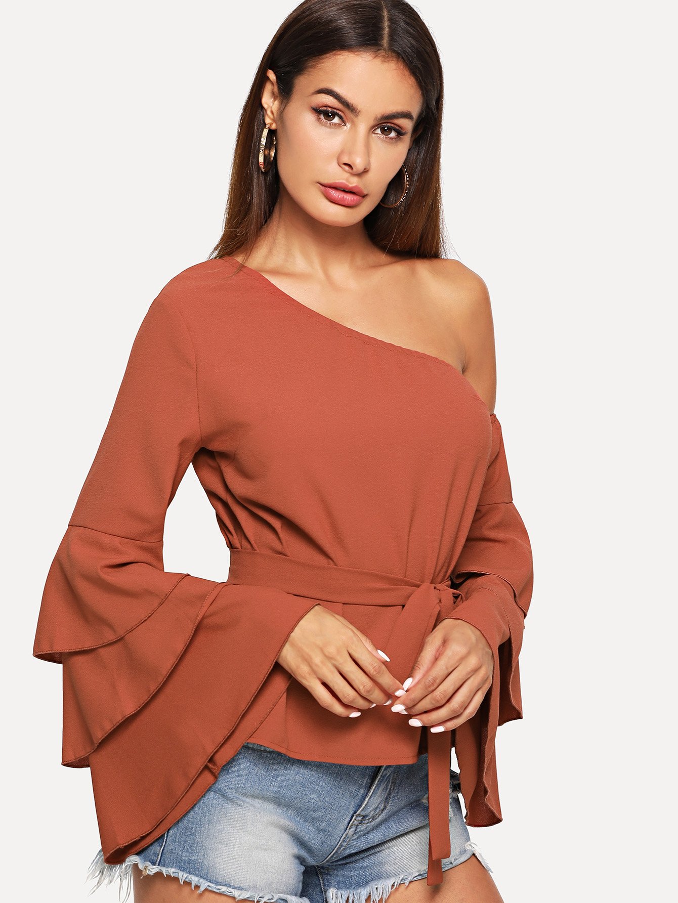 asymmetric shoulder layered sleeve top