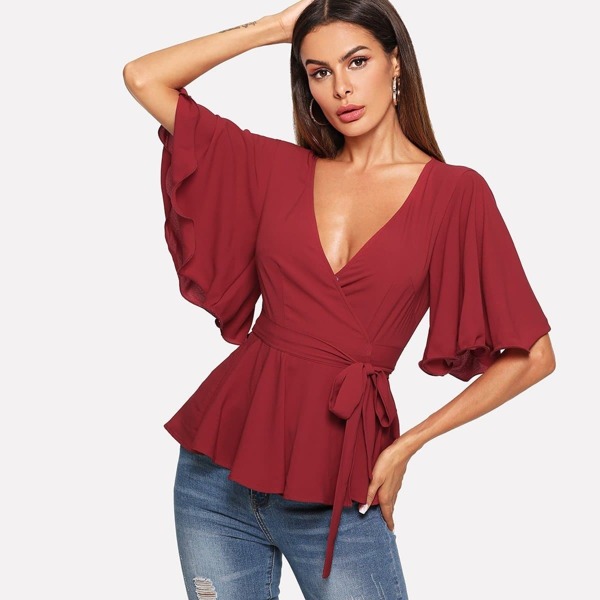 

Flounce Sleeve Wrap Peplum Tea Top