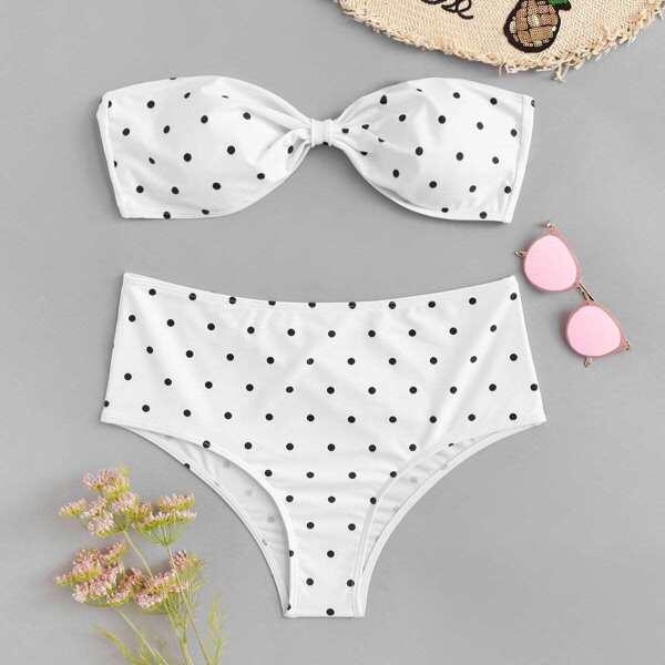 

Plus Polka Dot Bandeau With High Waist Bikini