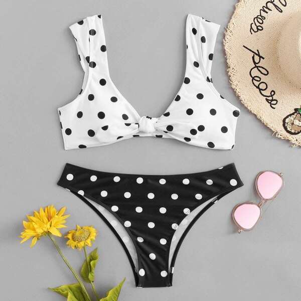 

Plus Knot Front Top With Polka Dot Bikini Set