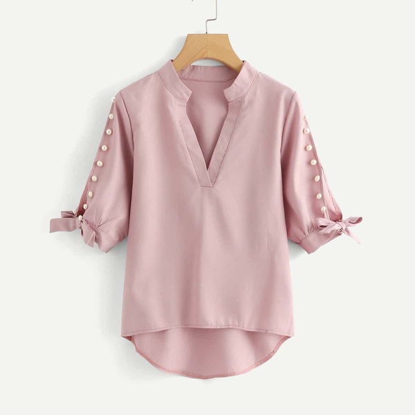 

Plus Notch Neck Pearl Beaded Dip Hem Blouse, Pink