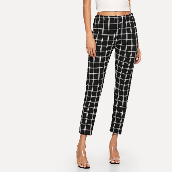 

Elastic Waist Checked Pants, Black and white