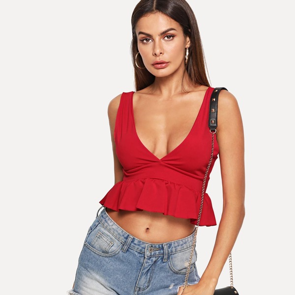 

Plunging Ruffle Hem Top, Red