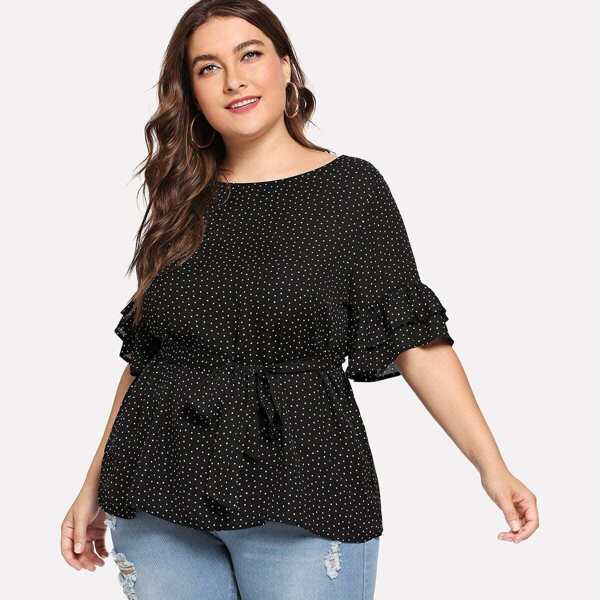 

Plus Polka Dot Flounce Sleeve Tie Waist Top