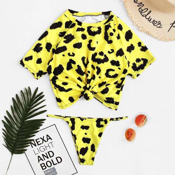 

Leopard Knot Front Short Sleeve Tankini Set, Yellow
