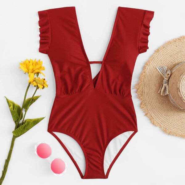 

Plunging Ruffle Shoulder One Piece Swimsuit, Red