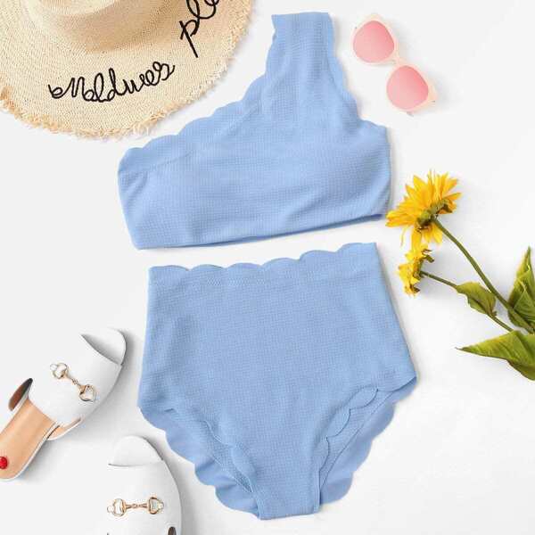 

One Shoulder Scalloped Top With High Waist Bikini, Blue