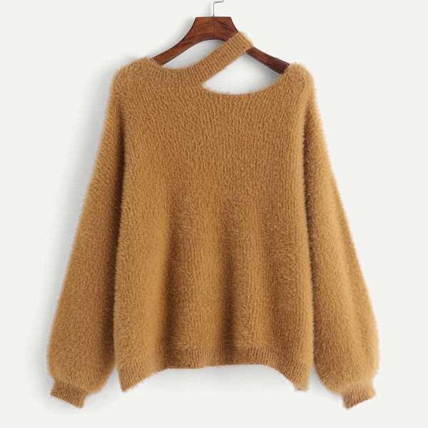 

Cut Out Neck Fuzzy Sweater