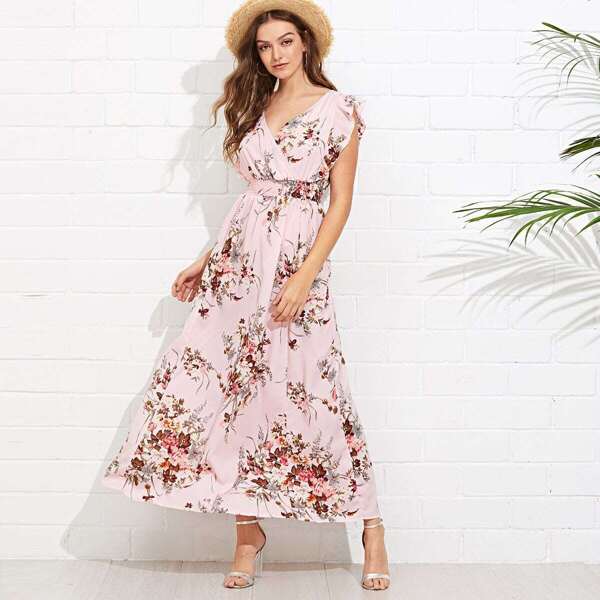 

Ruffle Shoulder Surplice Floral Shirred Waist Dress, Multicolor