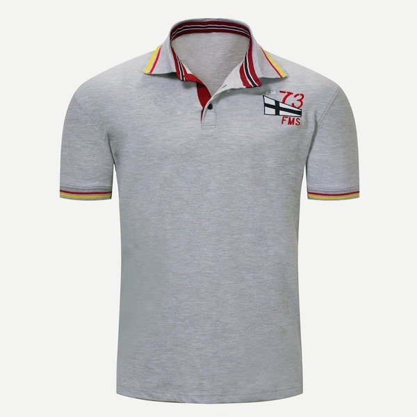 

Men Embroidery Striped Detail Polo Shirt, Grey