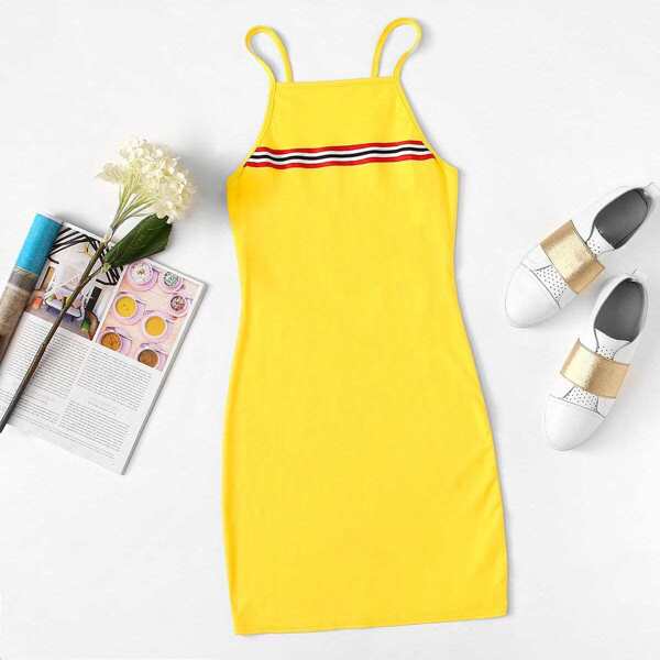 

Striped Panel Bodycon Cami Dress, Yellow bright