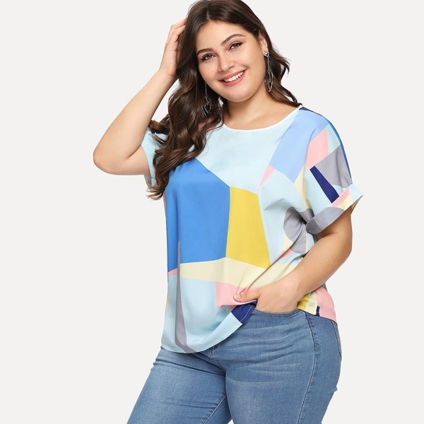 

Plus Patchwork Roll Up Sleeve Blouse, Multicolor