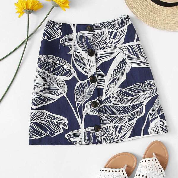 

Leaves Print Button Front Skirt, Navy