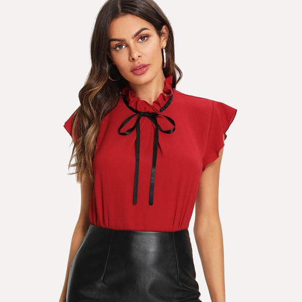 

Frill Tie Neck Butterfly Sleeve Blouse