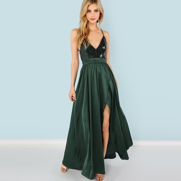 

Sequin Panel Split Maxi Cami Dress, Dark green