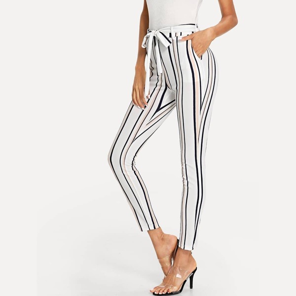 

Vertical Striped Skinny Pants, White