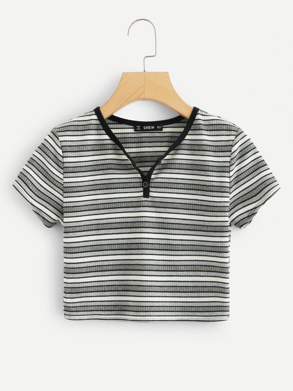 

Contrast Neck Rib Knit Crop Striped Tee, Multicolor