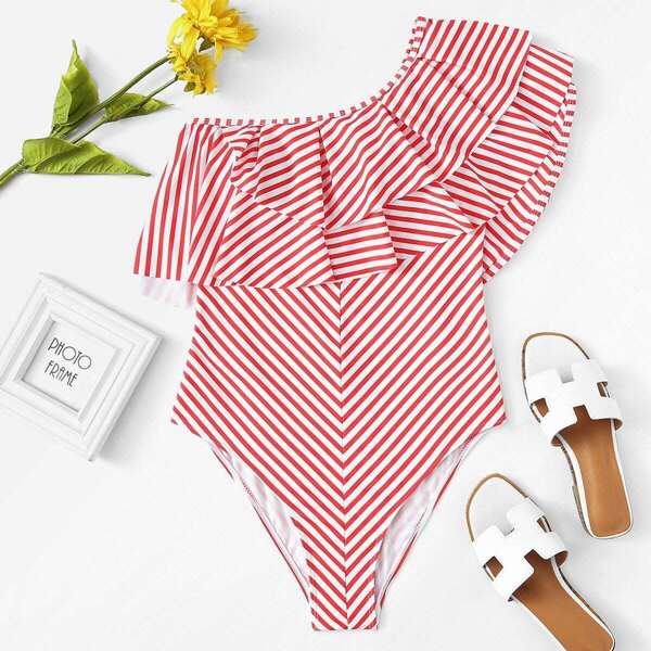 

Plus One Shoulder Flounce Striped One Piece Swimsuit