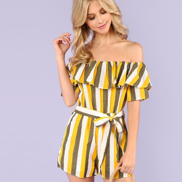 

Off Shoulder Ruffle Stripe Romper, Multicolor