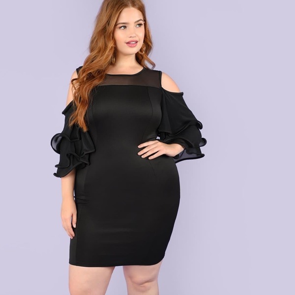 

Plus Mesh Layered Sleeve Dress, Black