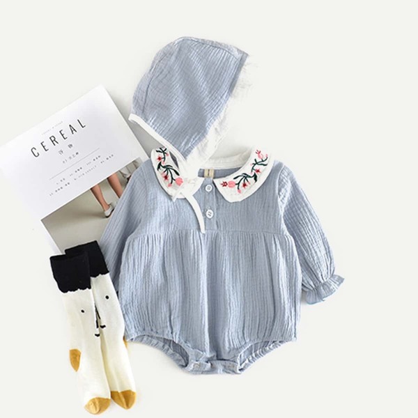 

Toddler Girls Floral Embroidery Jumpsuit & Hat, Blue