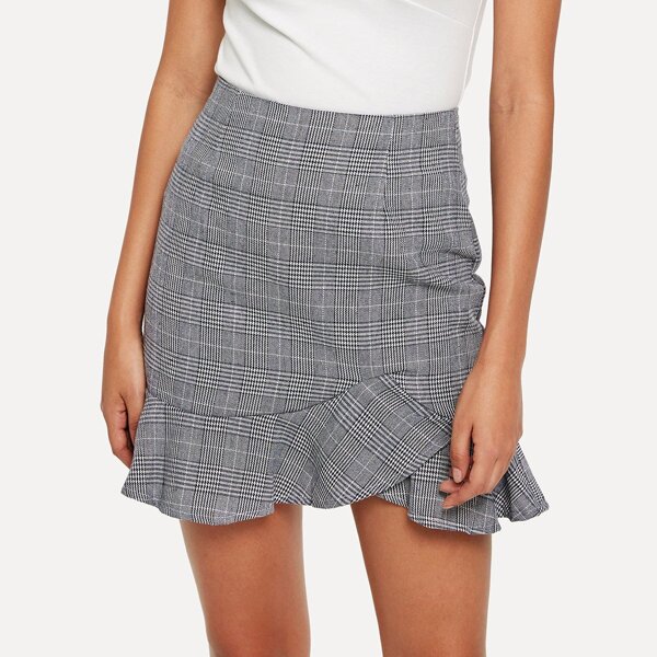 

Ruffle Hem Checked Skirt, Grey