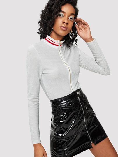 shein mock neck zip front glitter bodysuit