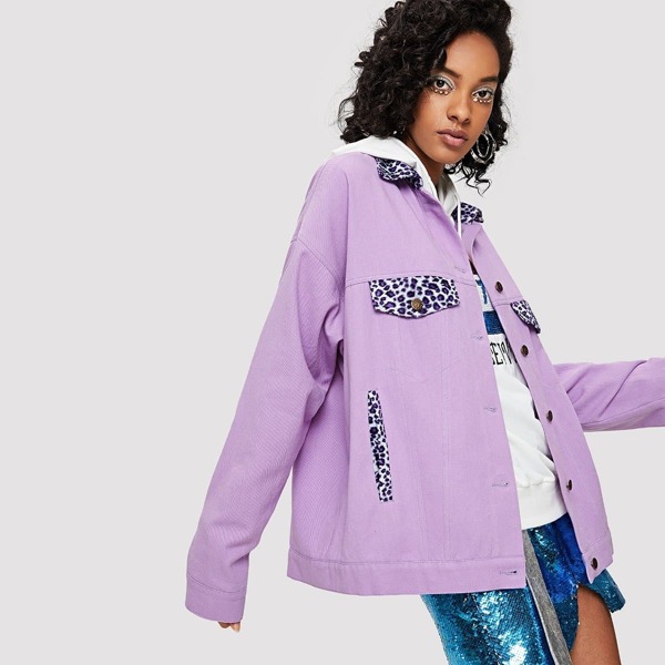 

Leopard Collar Button Up Jacket, Purple