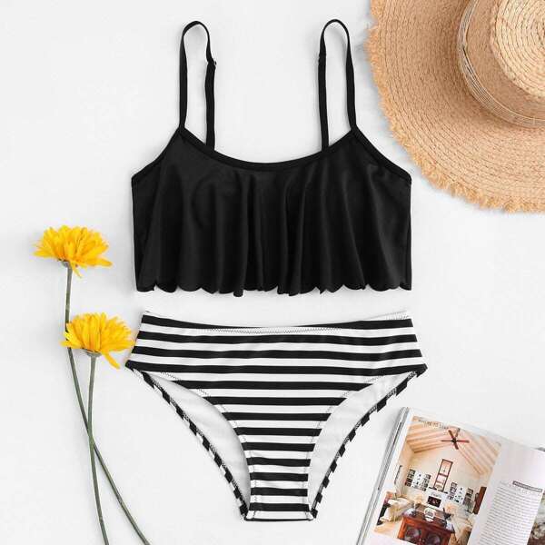 

Flounce Cami Top With Striped Bikini Set, Black and white