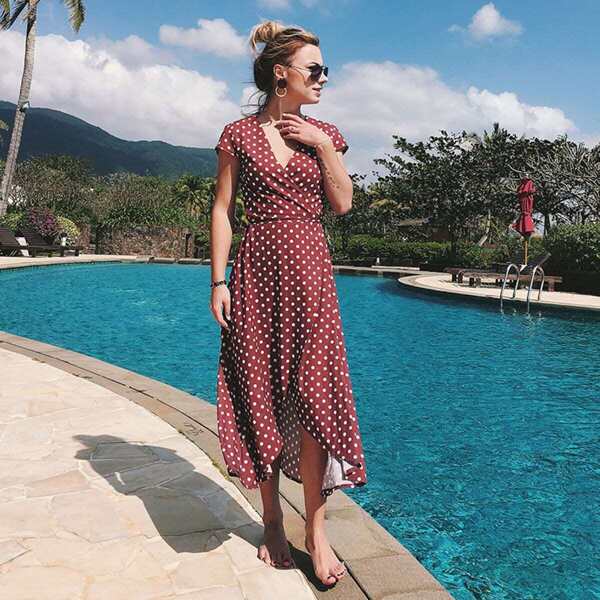 

Polka Dot Dip Hem Dress, Burgundy