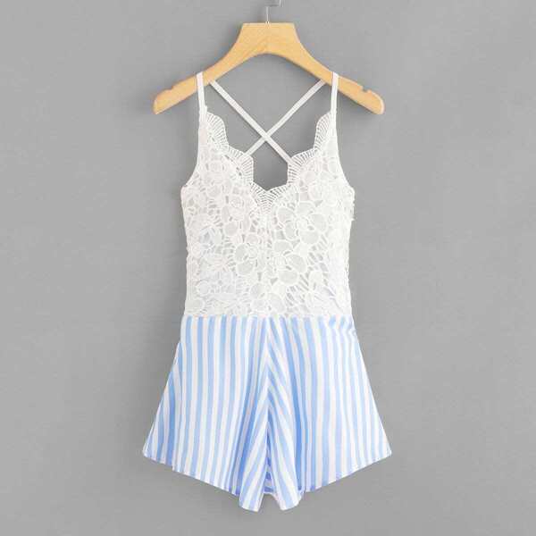 

Crochet Lace Panel Bow Tie Back Striped Romper, Multicolor