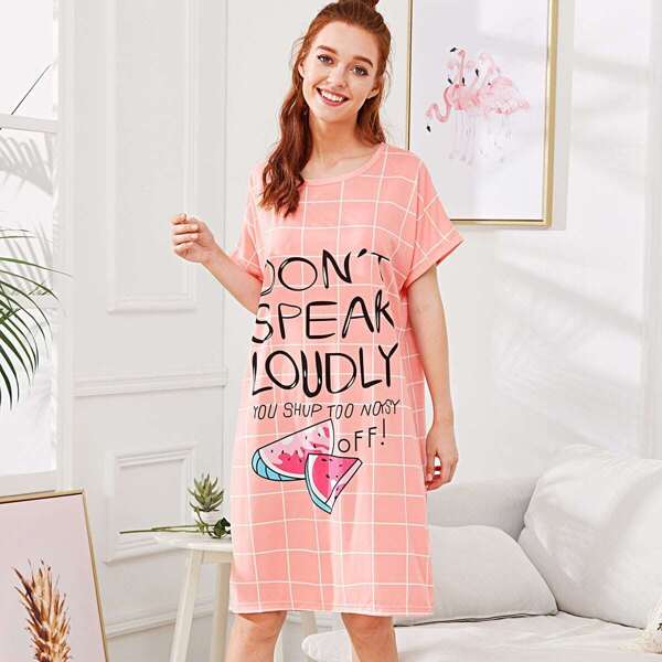 

Watermelon & Letter Print Plaid Night Dress