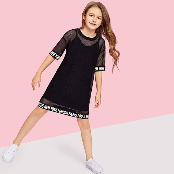 

Girls Letter Hem Mesh Sheer Dress, Black