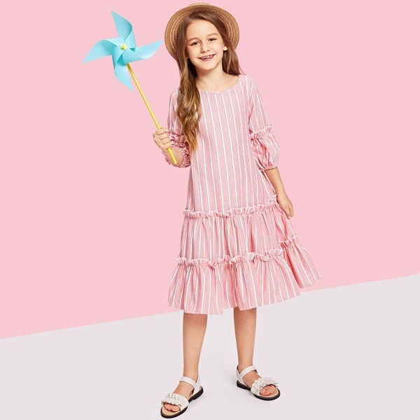 

Girls Lantern Sleeve Layered Ruffle Striped Dress, Pink