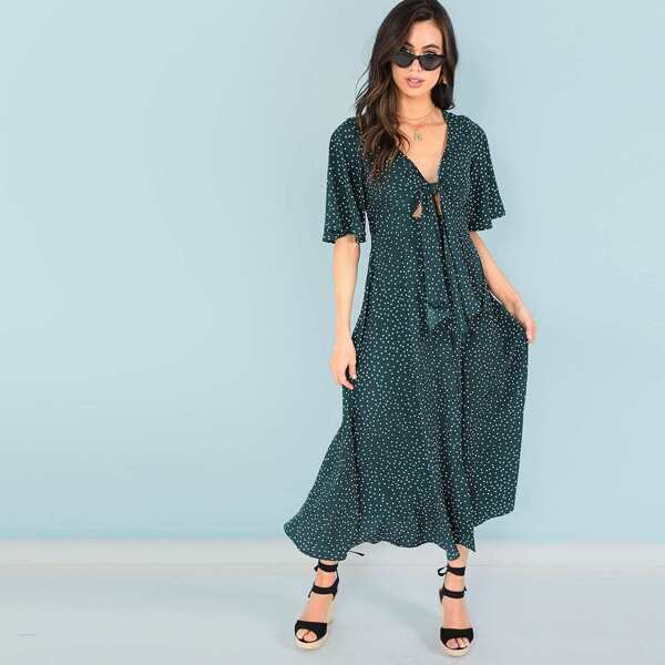 

Knot Front Flutter Sleeve Polka Dot Dress