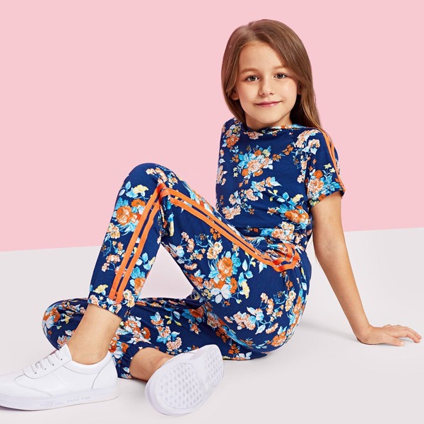 

Girls Flower Print Hoodie & Sweatpants Set