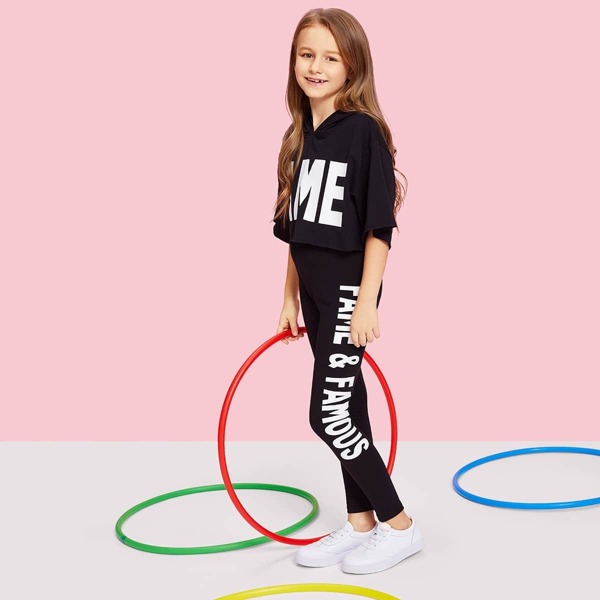 

Girls Letter Print Hooded Top & Pants Set, Black