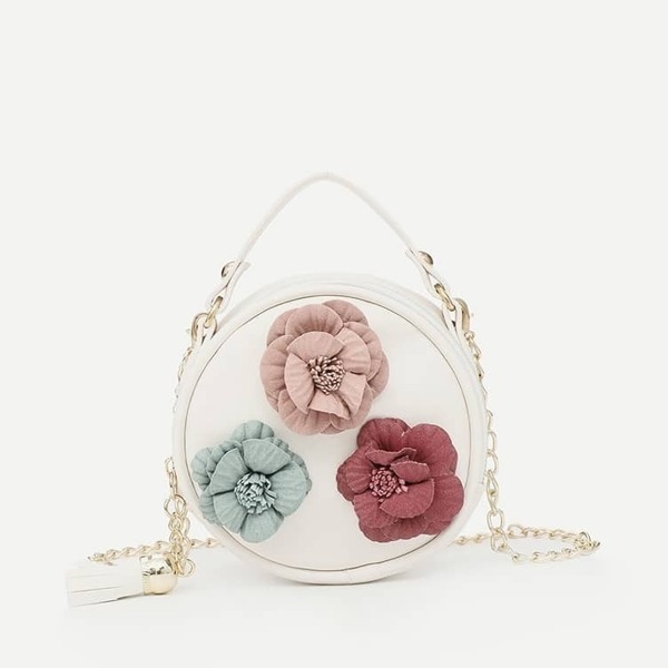 

Flower Decor Round Chain Bag, White
