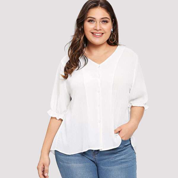 

Plus Single Breasted Frill Trim Blouse
