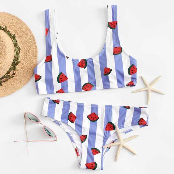 

Watermelon Print Striped Scoop Neck Bikini, Multicolor