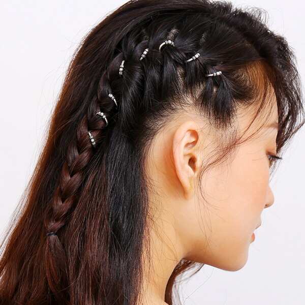 

Metal Ball Detail Hair Ring Set 5pcs, Silver
