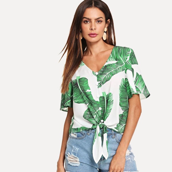 

Button Through Knot Front Leaf Top, Multicolor