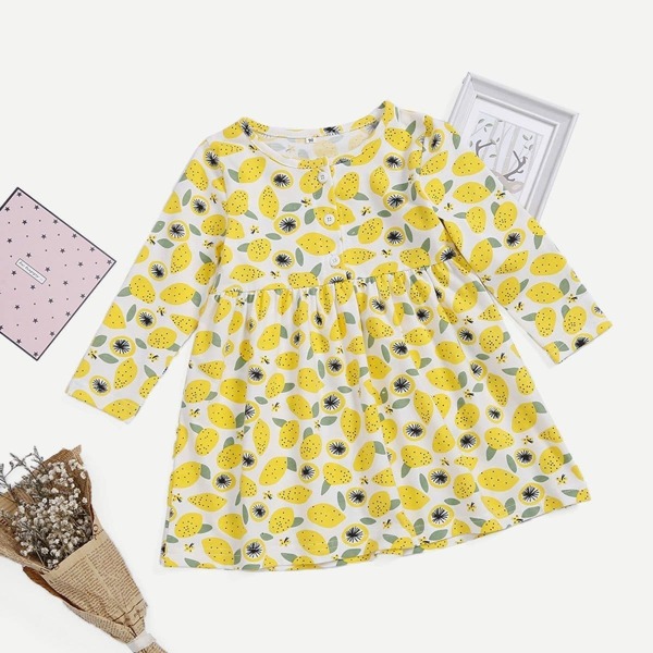 

Toddler Girls Button Decoration Lemon Print Dress, Multicolor