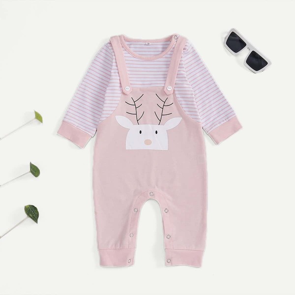 

Toddler Girls Deer Print Striped Jumpsuit, Pink
