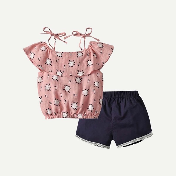 

Toddler Girls Floral Print Cami Top With Contrast Lace Shorts