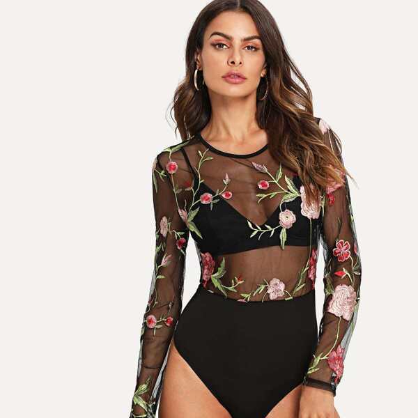

Floral Embroidered Sheer Bodysuit